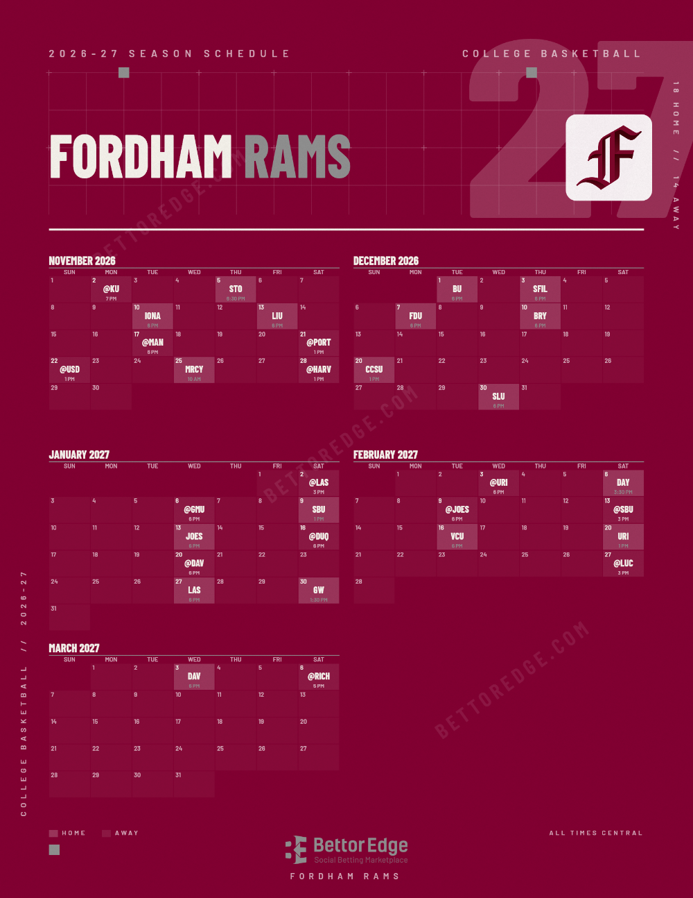 Fordham Rams 2026-27 basketball schedule, free printable, every game with start times and TV