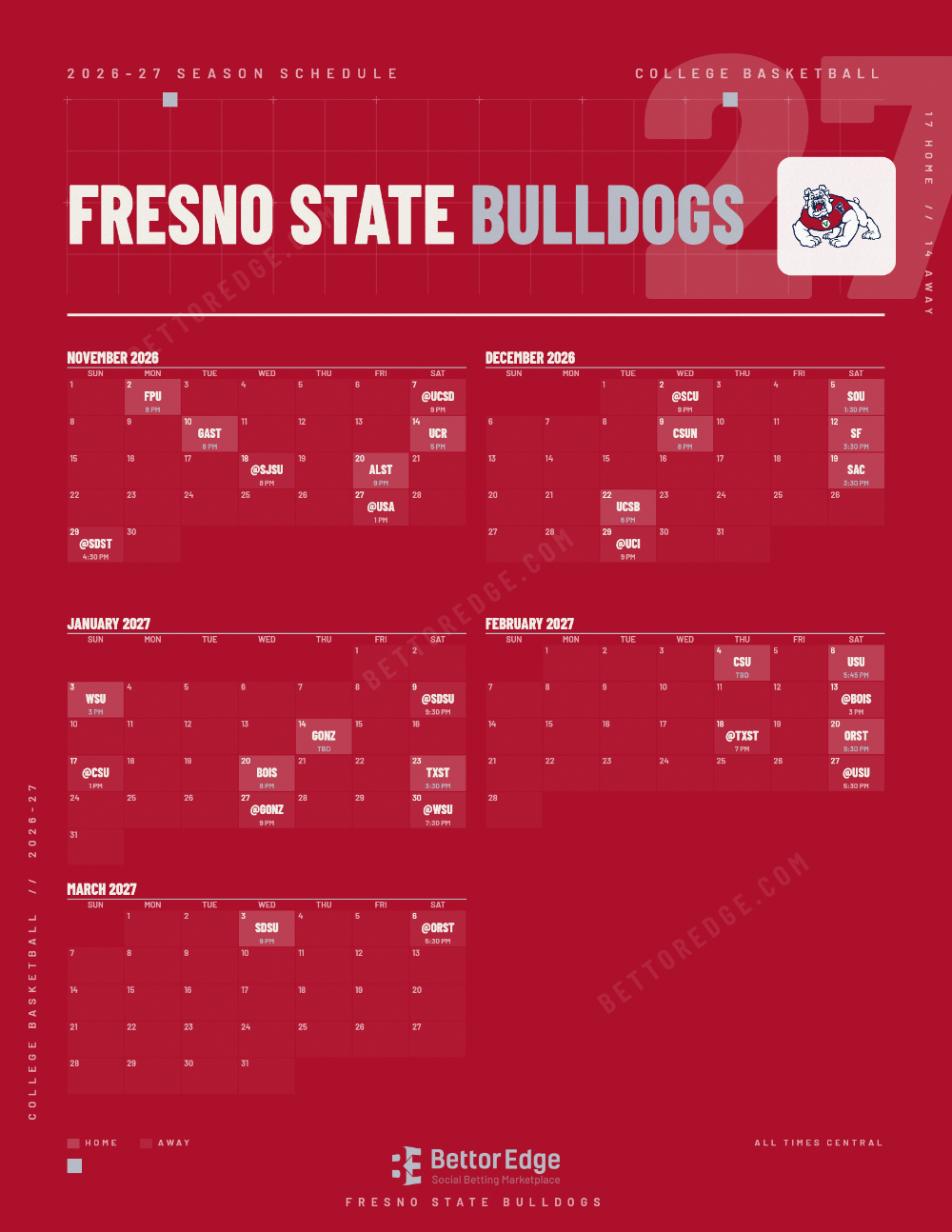 Fresno State Bulldogs 2026-27 basketball schedule, free printable, every game with start times and TV