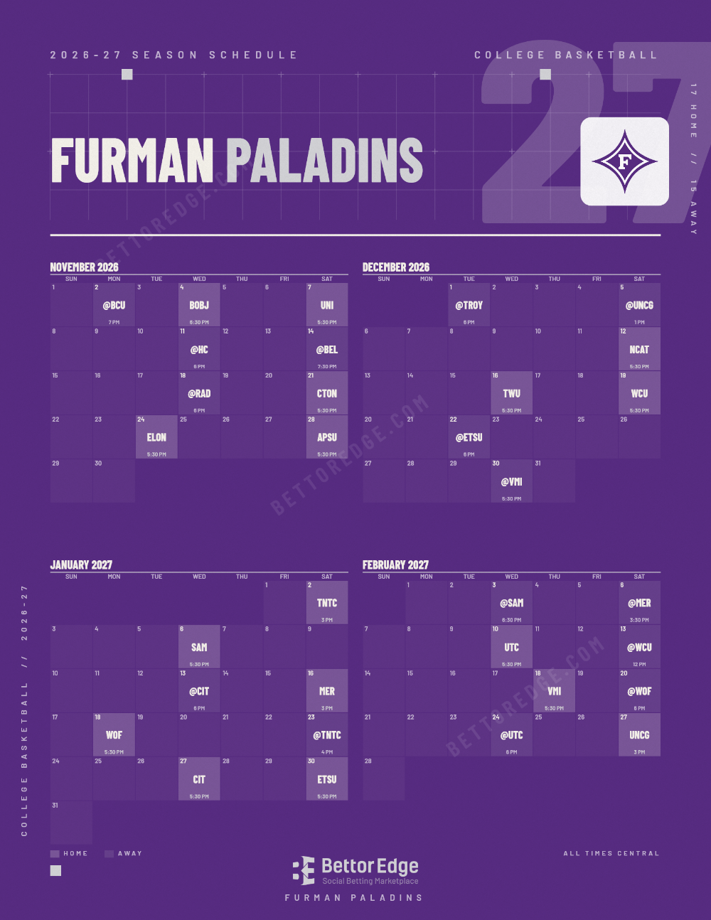 Furman Paladins 2026-27 basketball schedule, free printable, every game with start times and TV