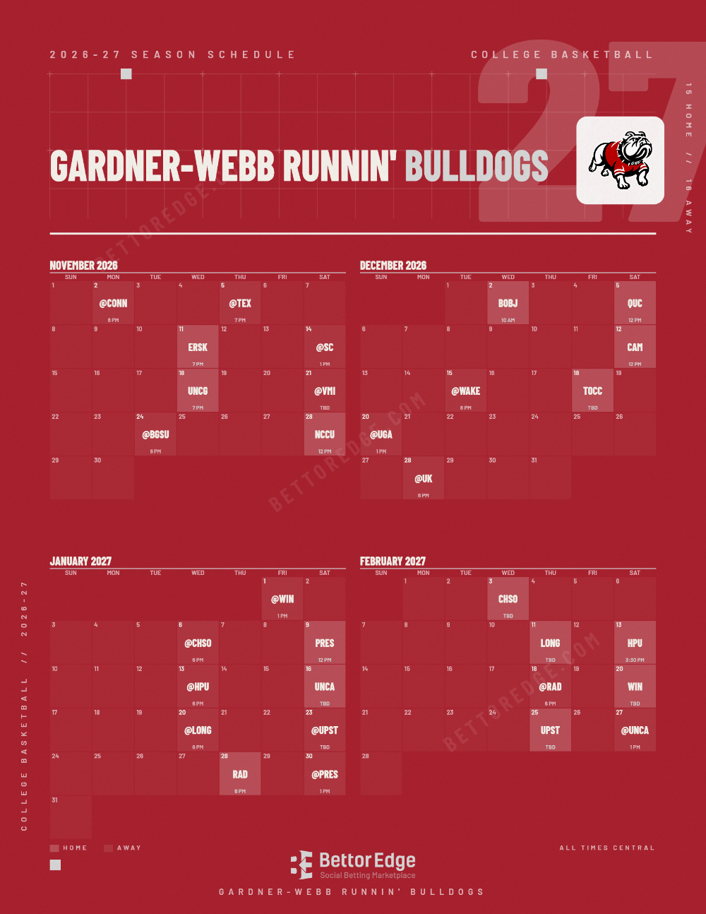 Gardner-Webb Runnin' Bulldogs 2026-27 basketball schedule, free printable, every game with start times and TV