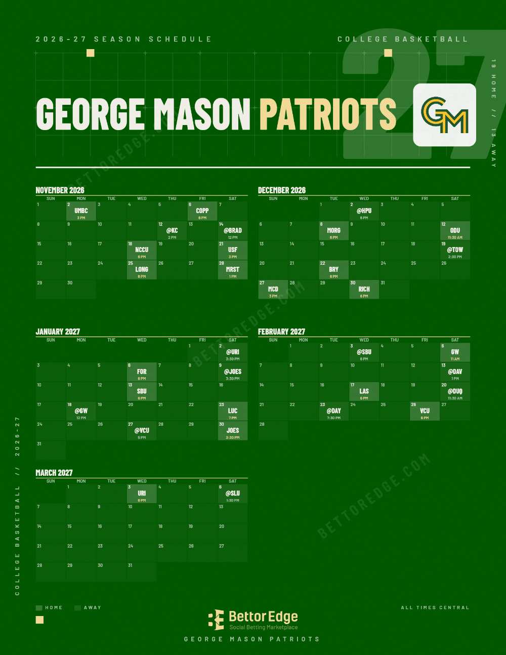 George Mason Patriots 2026-27 basketball schedule, free printable, every game with start times and TV