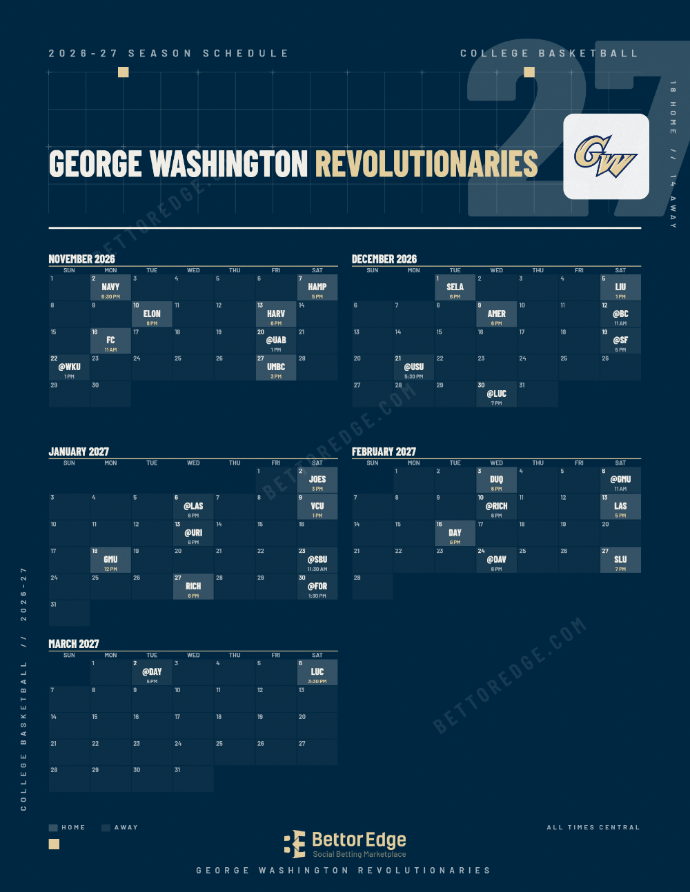 George Washington Revolutionaries 2026-27 basketball schedule, free printable, every game with start times and TV
