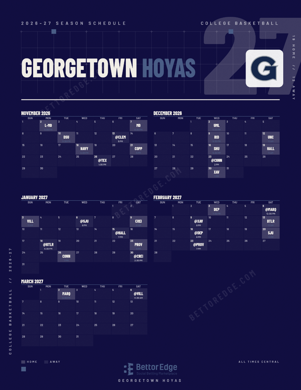 Georgetown Hoyas 2026-27 basketball schedule, free printable, every game with start times and TV