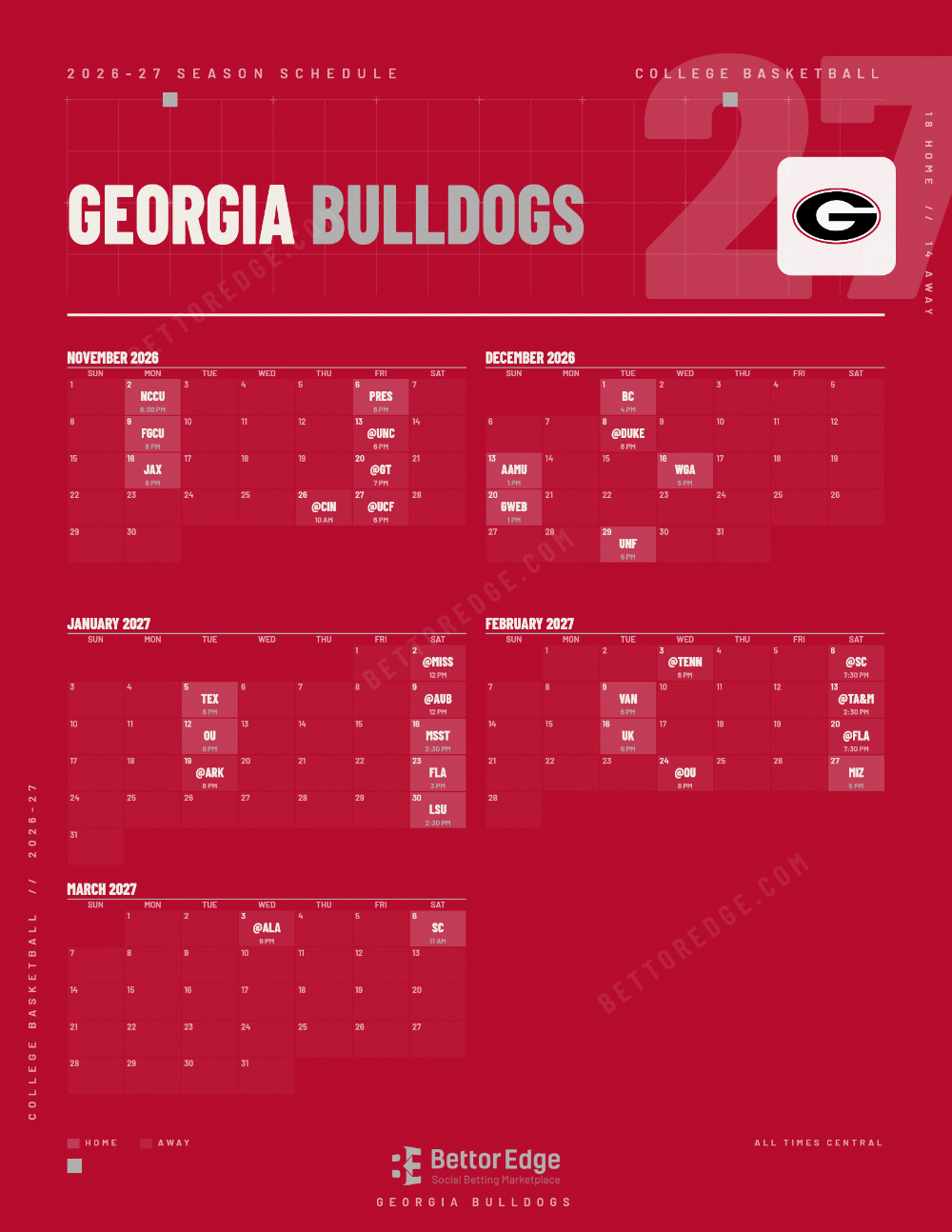 Georgia Bulldogs 2026-27 basketball schedule, free printable, every game with start times and TV