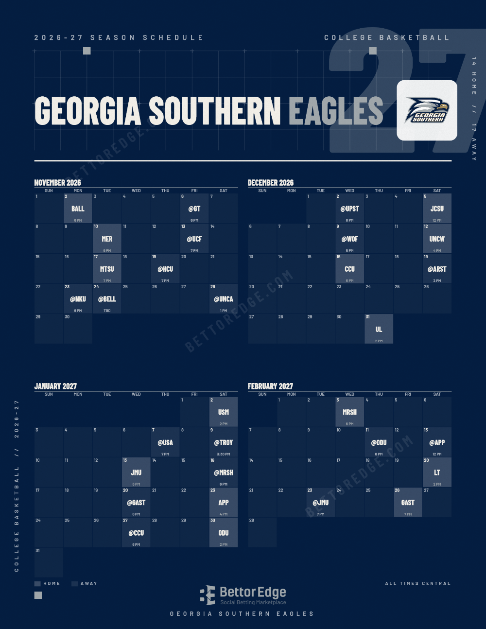 Georgia Southern Eagles 2026-27 basketball schedule, free printable, every game with start times and TV
