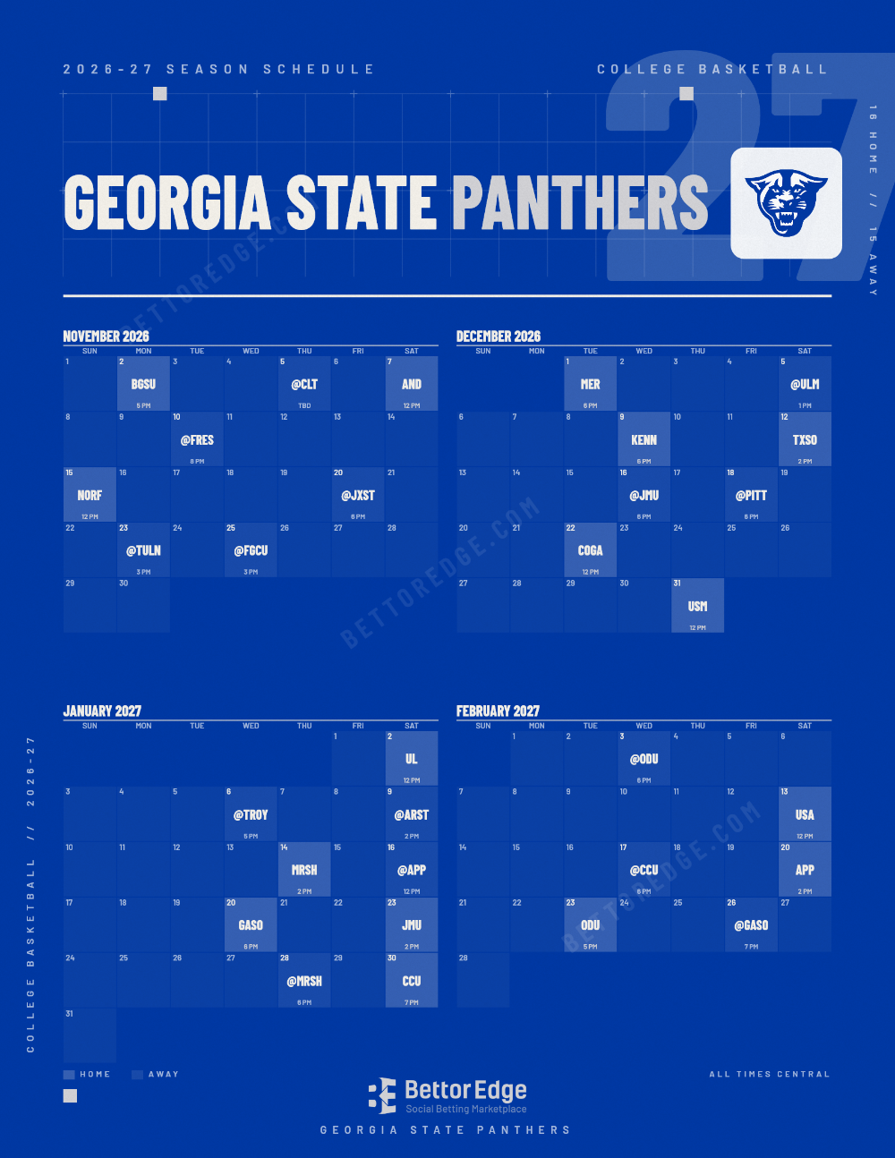 Georgia State Panthers 2026-27 basketball schedule, free printable, every game with start times and TV