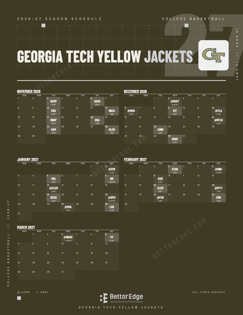 Georgia Tech Yellow Jackets 2026-27 basketball schedule, free printable, every game with start times and TV