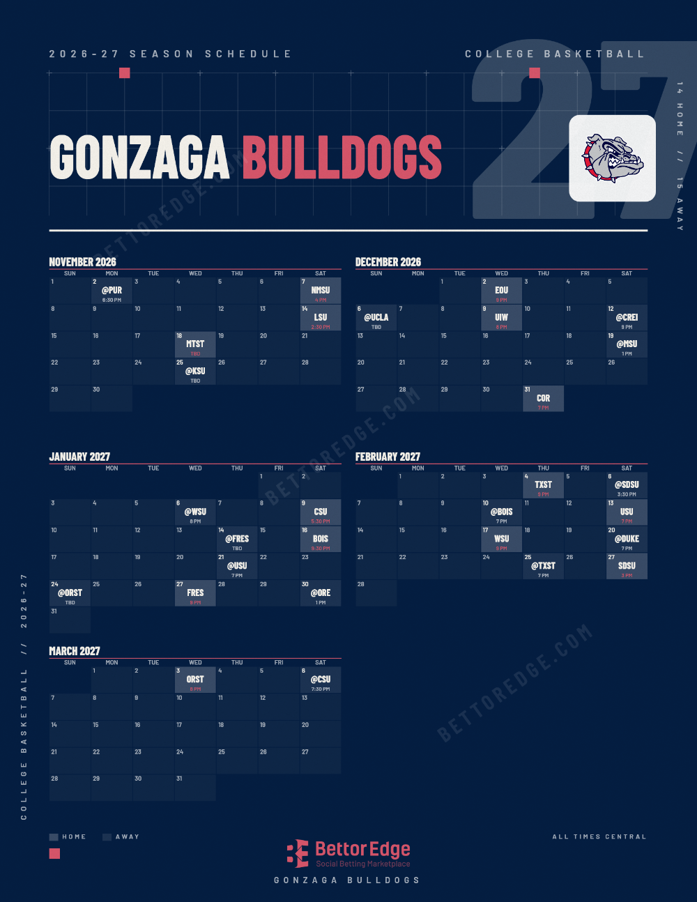 Gonzaga Bulldogs 2026-27 basketball schedule, free printable, every game with start times and TV