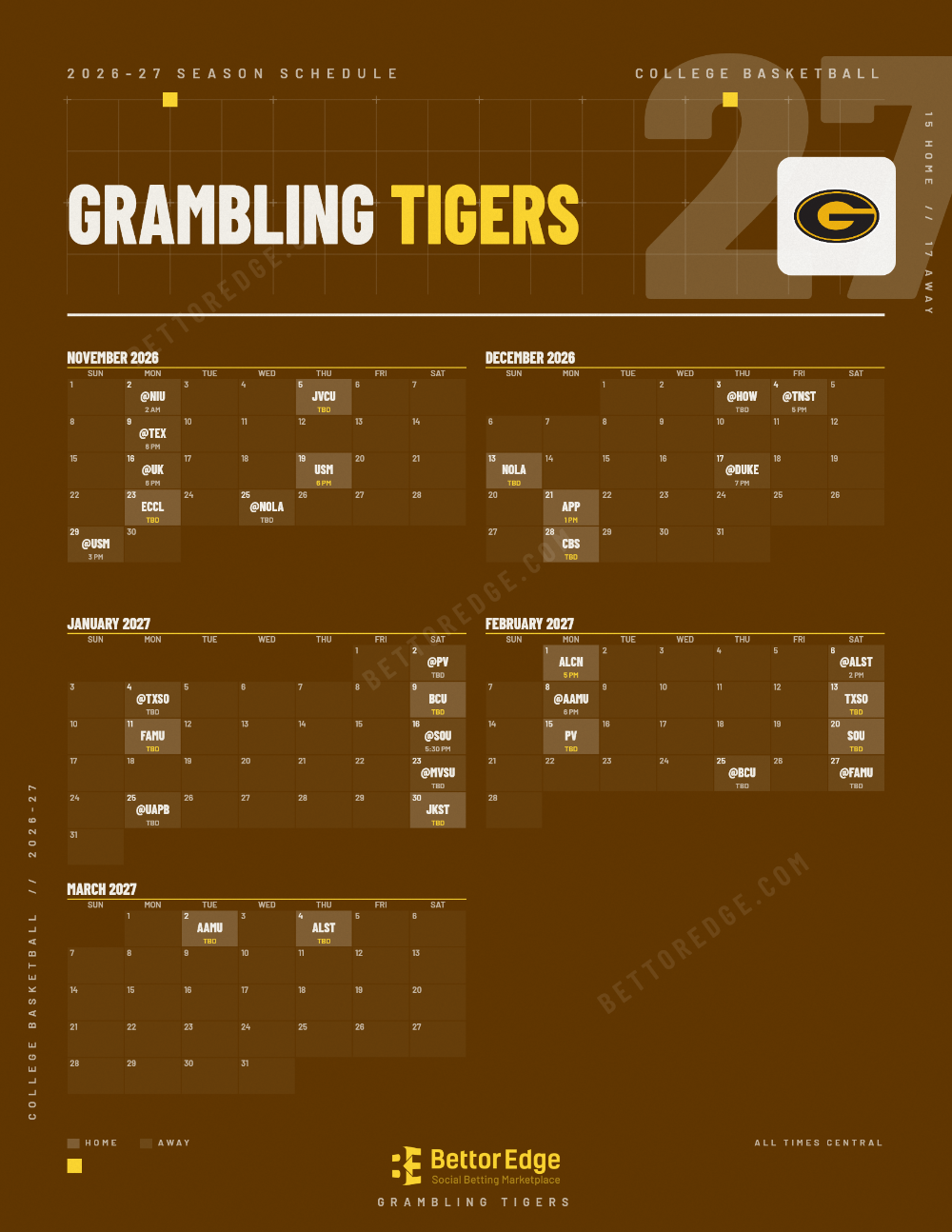 Grambling Tigers 2026-27 basketball schedule, free printable, every game with start times and TV