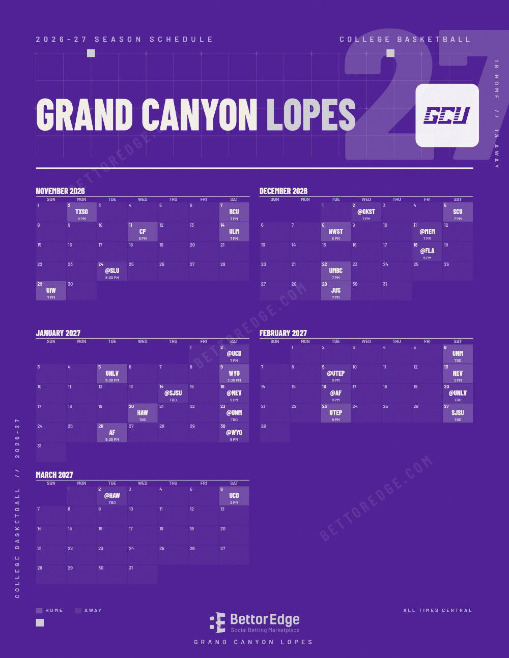 Grand Canyon Lopes 2026-27 basketball schedule, free printable, every game with start times and TV