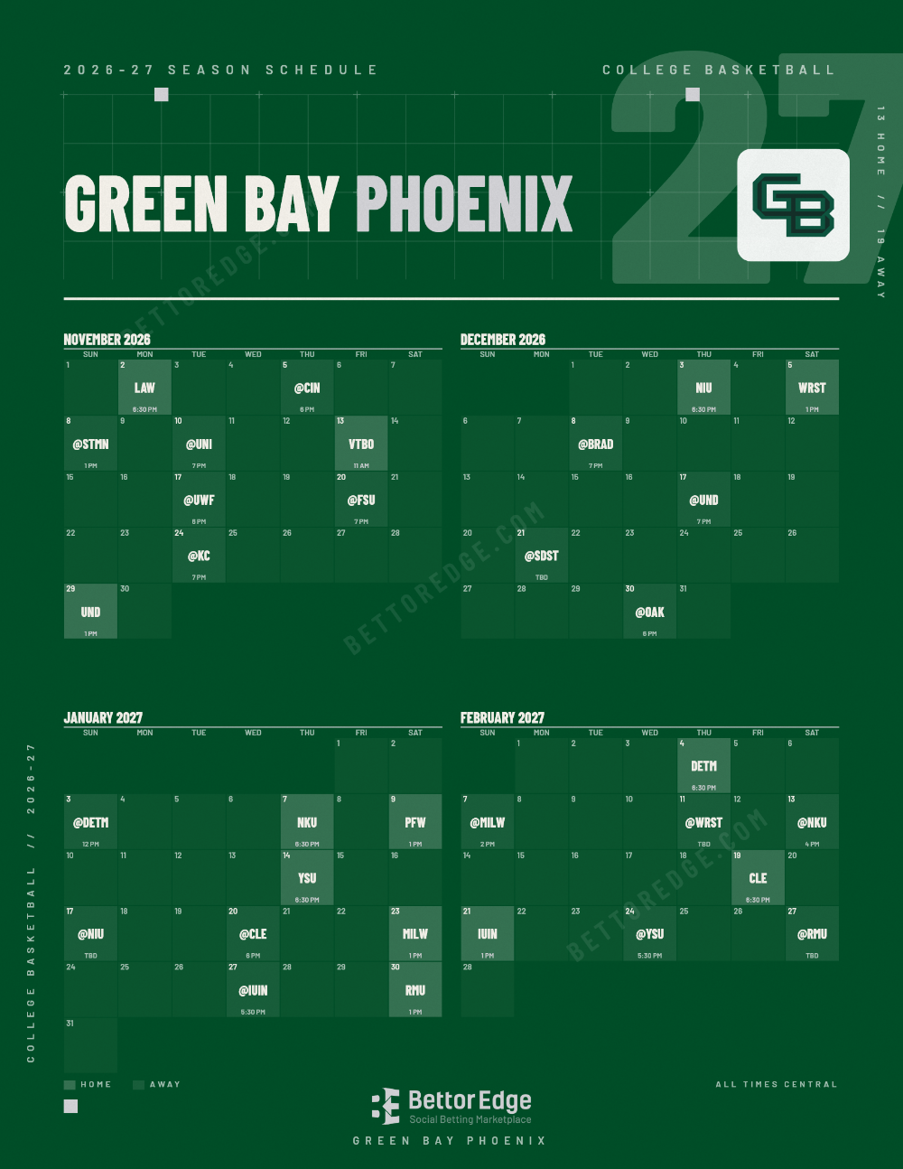 Green Bay Phoenix 2026-27 basketball schedule, free printable, every game with start times and TV