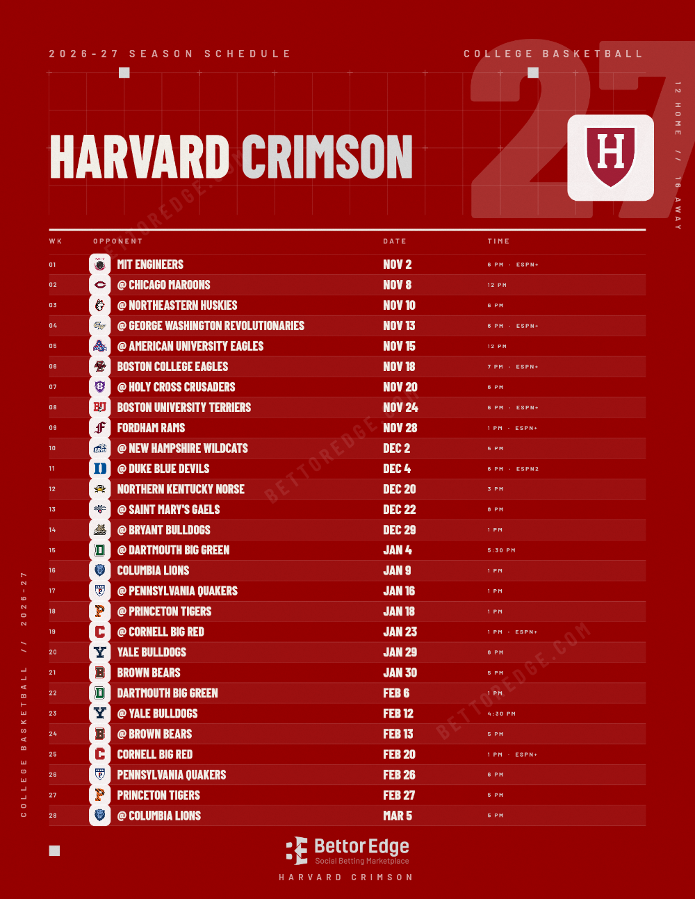 Harvard Crimson 2026-27 basketball schedule, free printable, every game with start times and TV