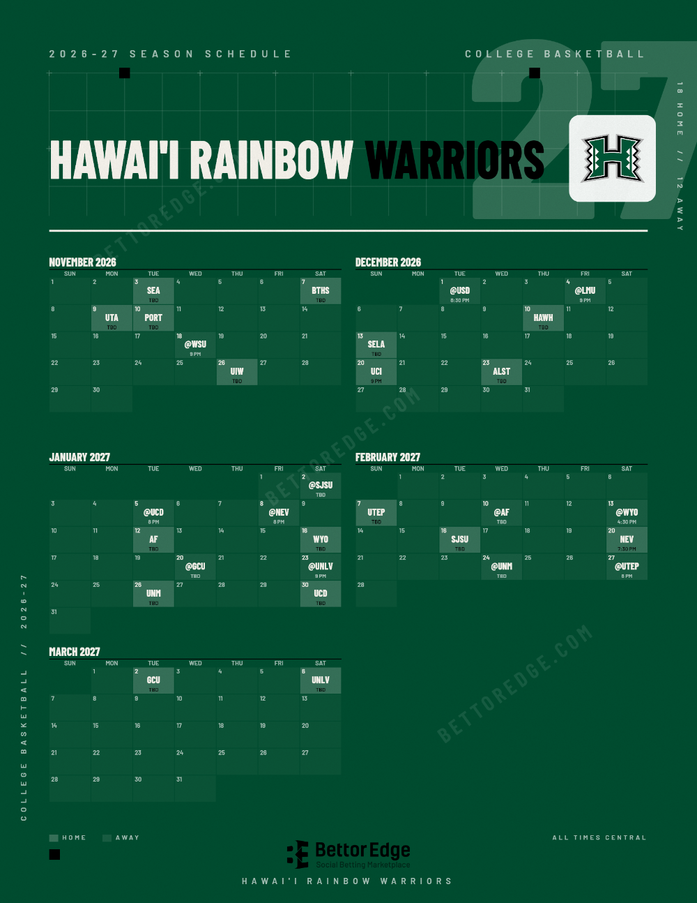 Hawai'i Rainbow Warriors 2026-27 basketball schedule, free printable, every game with start times and TV