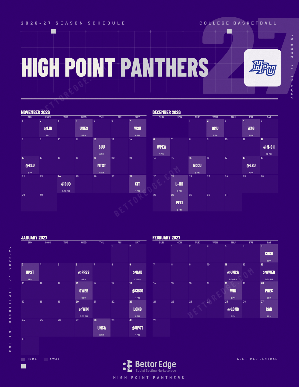 High Point Panthers 2026-27 basketball schedule, free printable, every game with start times and TV