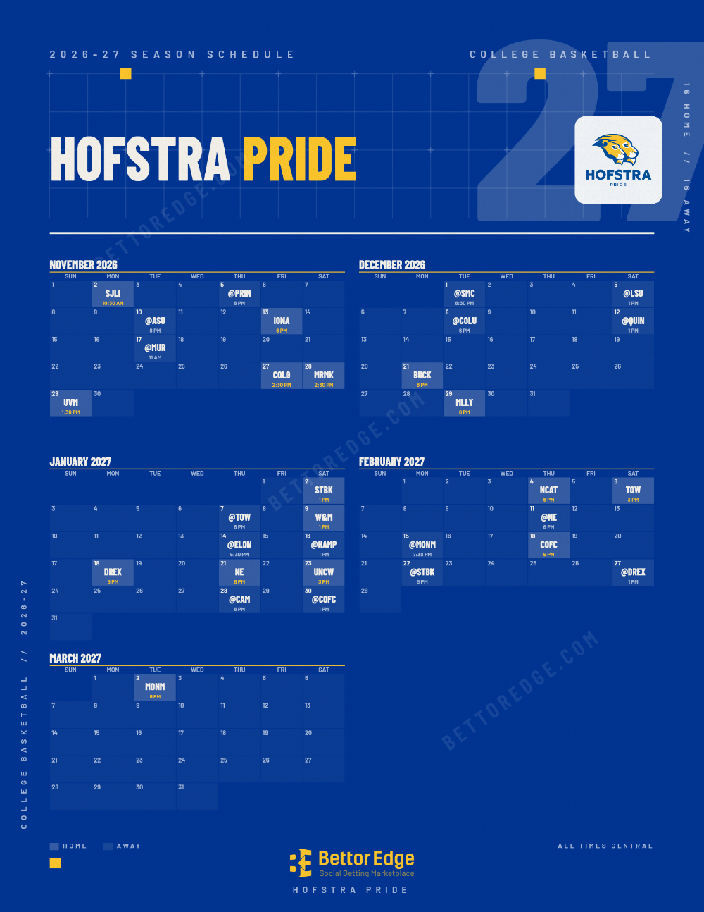 Hofstra Pride 2026-27 basketball schedule, free printable, every game with start times and TV