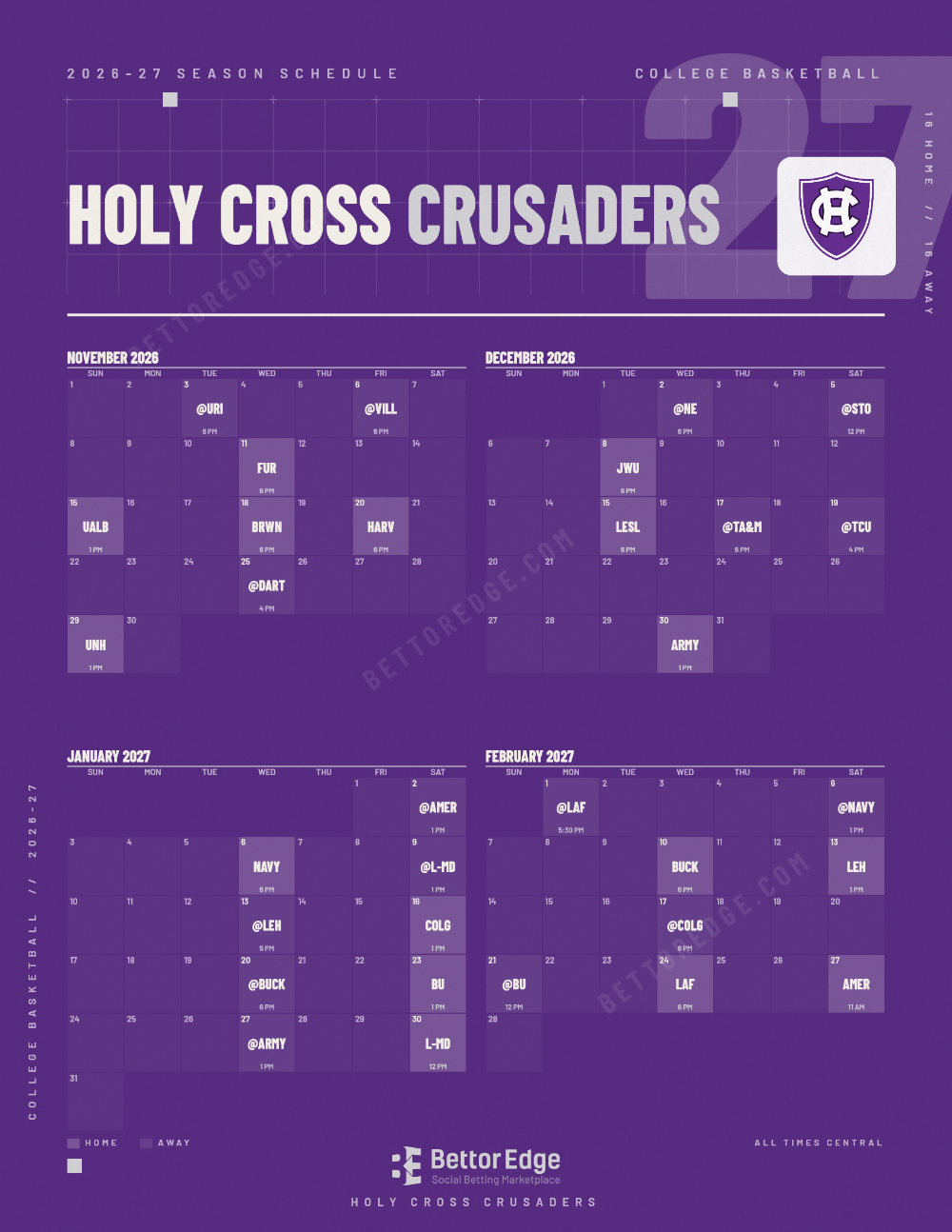 Holy Cross Crusaders 2026-27 basketball schedule, free printable, every game with start times and TV