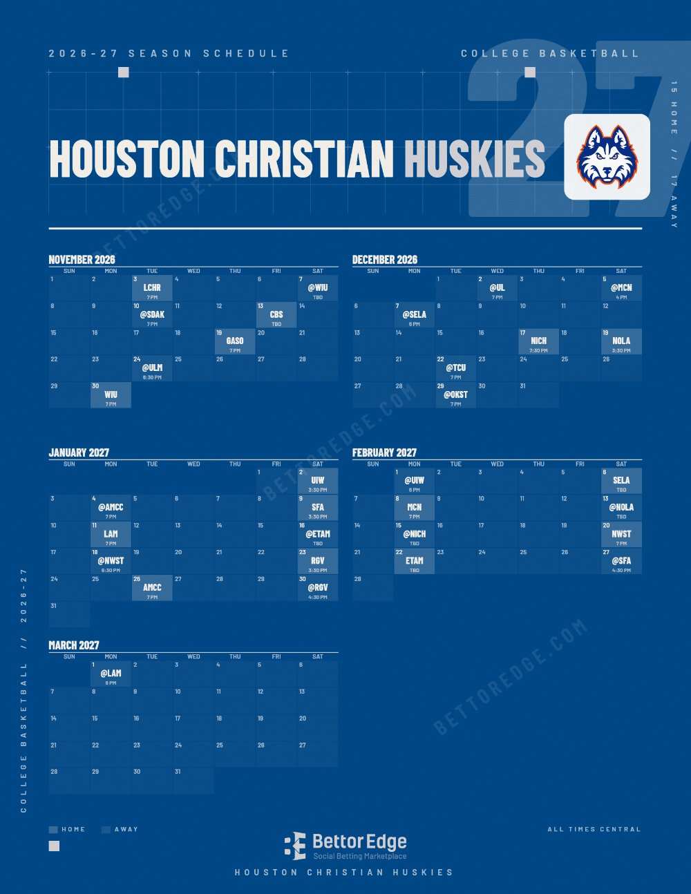 Houston Christian Huskies 2026-27 basketball schedule, free printable, every game with start times and TV