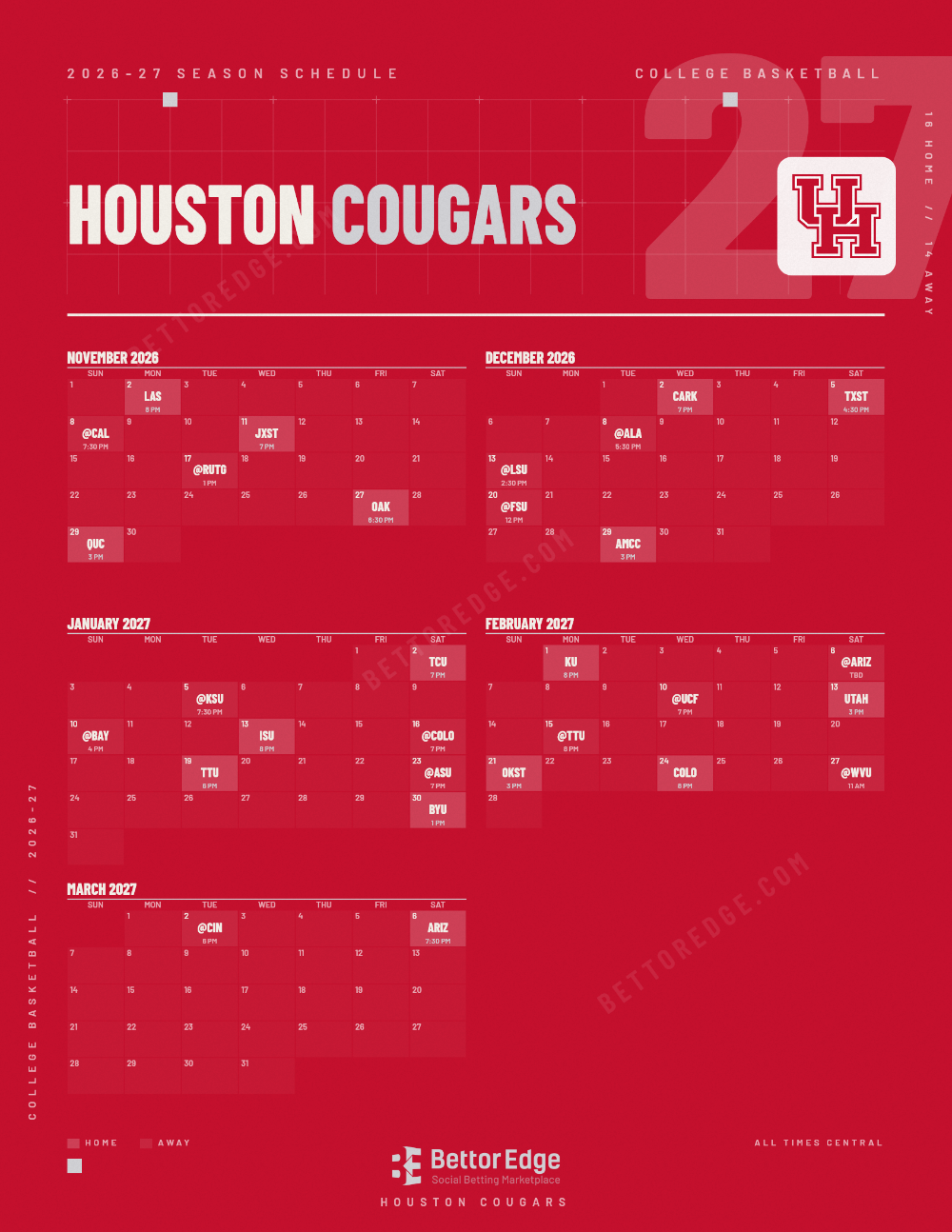 Houston Cougars 2026-27 basketball schedule, free printable, every game with start times and TV