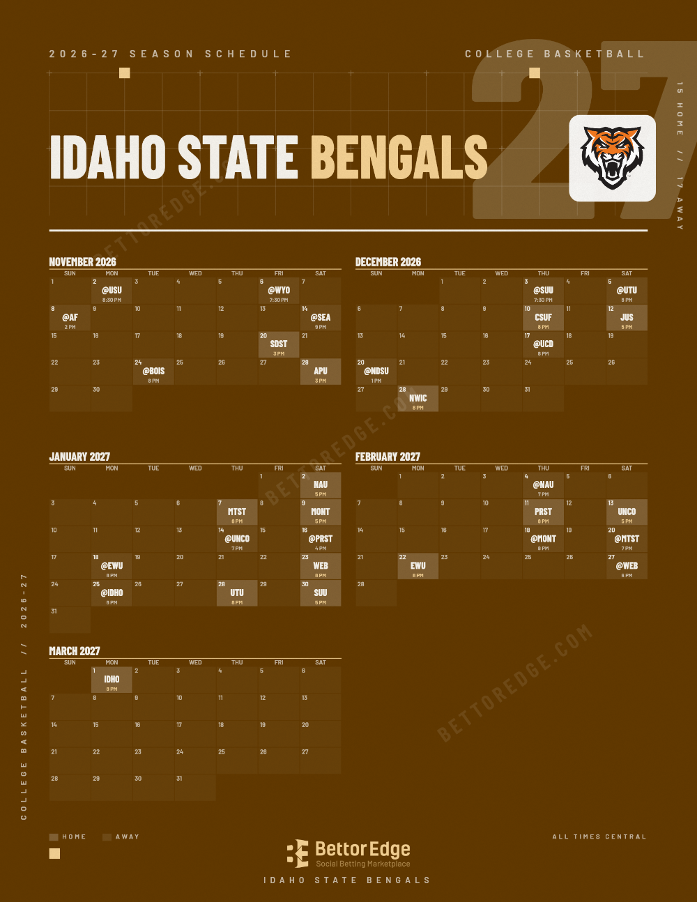 Idaho State Bengals 2026-27 basketball schedule, free printable, every game with start times and TV