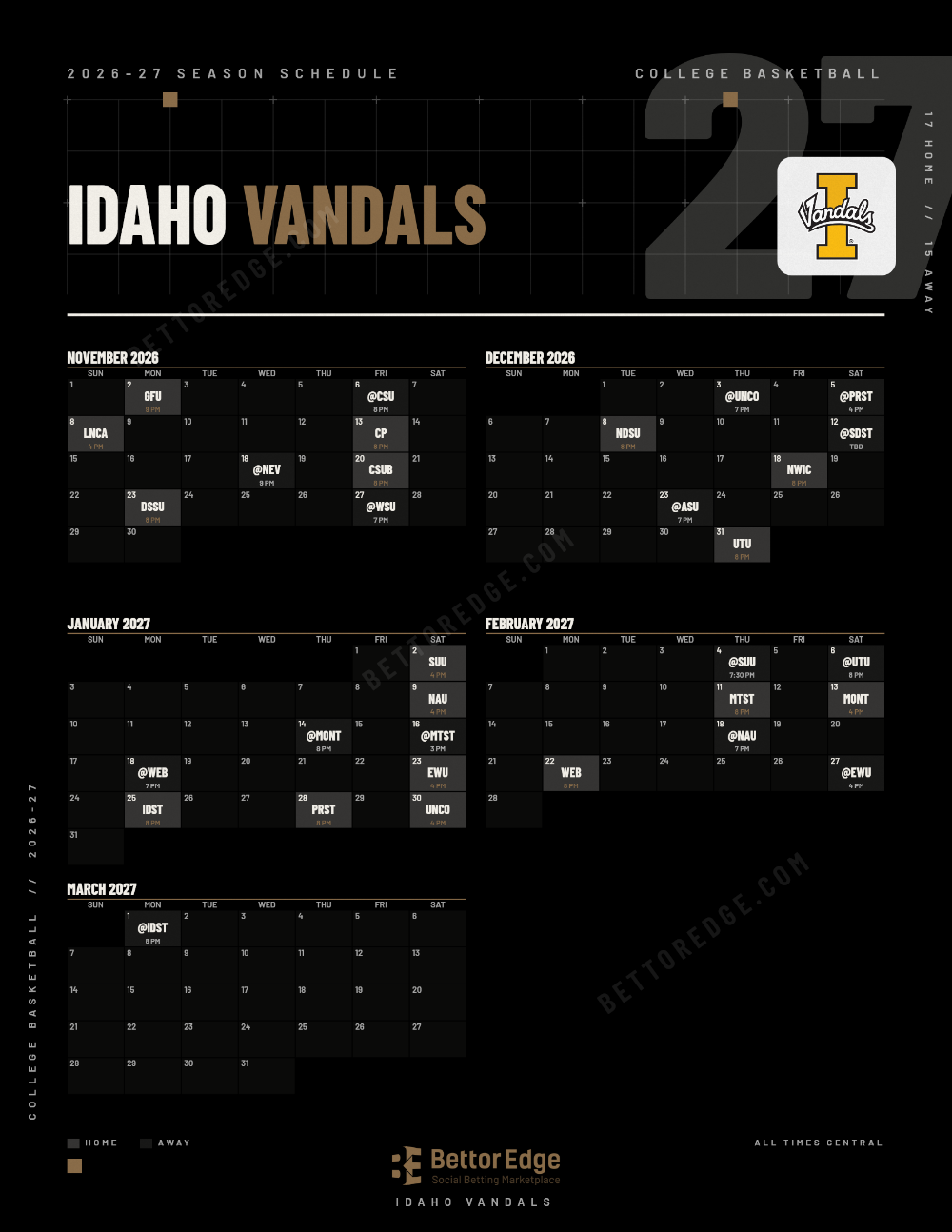 Idaho Vandals 2026-27 basketball schedule, free printable, every game with start times and TV