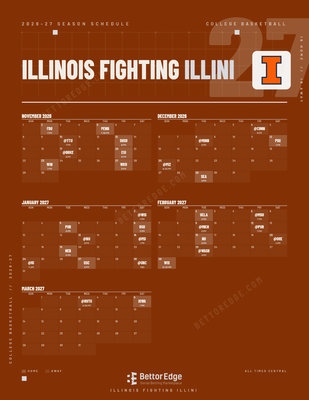 Illinois Fighting Illini 2026-27 basketball schedule, free printable, every game with start times and TV