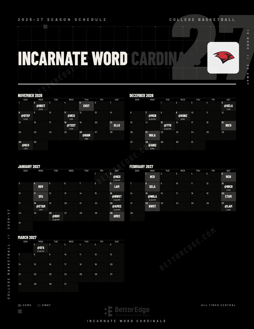Incarnate Word Cardinals 2026-27 basketball schedule, free printable, every game with start times and TV