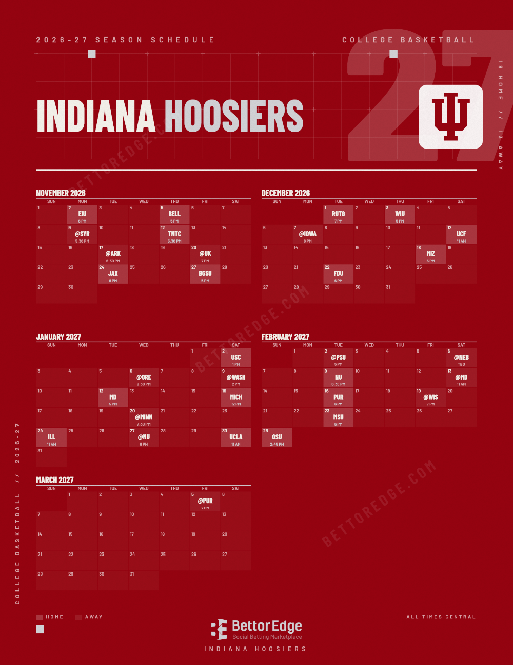 Indiana Hoosiers 2026-27 basketball schedule, free printable, every game with start times and TV