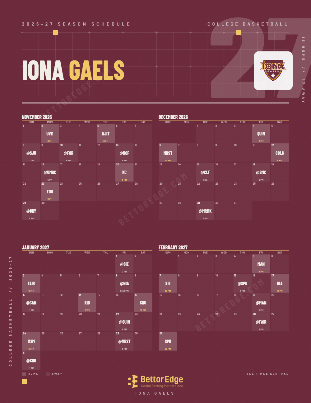 Iona Gaels 2026-27 basketball schedule, free printable, every game with start times and TV