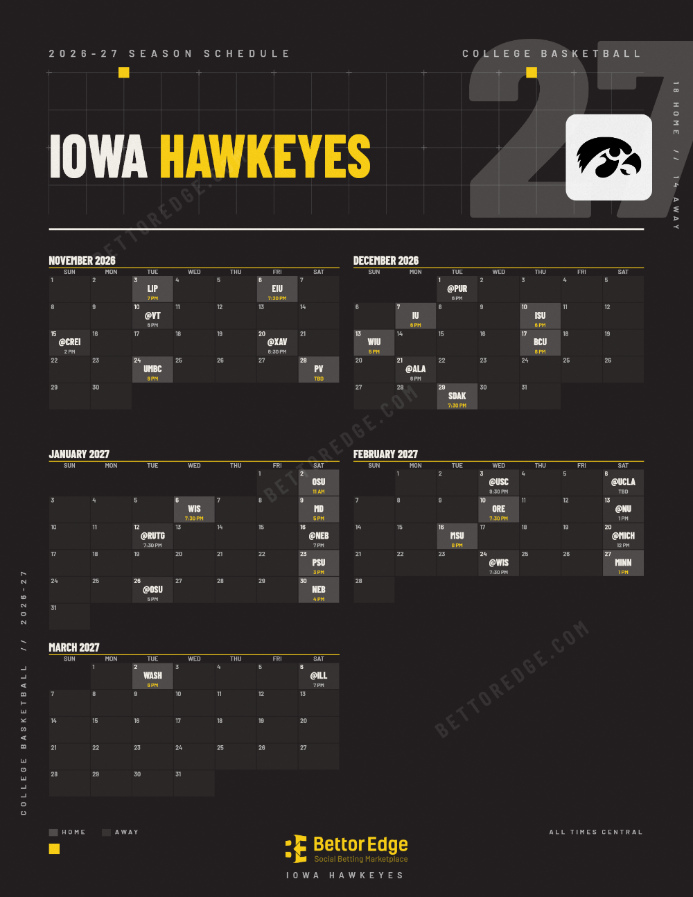 Iowa Hawkeyes 2026-27 basketball schedule, free printable, every game with start times and TV