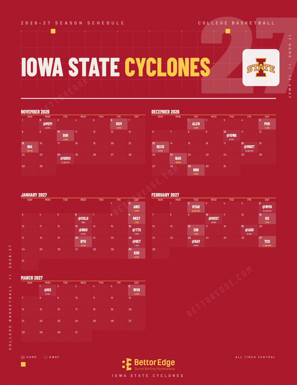 Iowa State Cyclones 2026-27 basketball schedule, free printable, every game with start times and TV