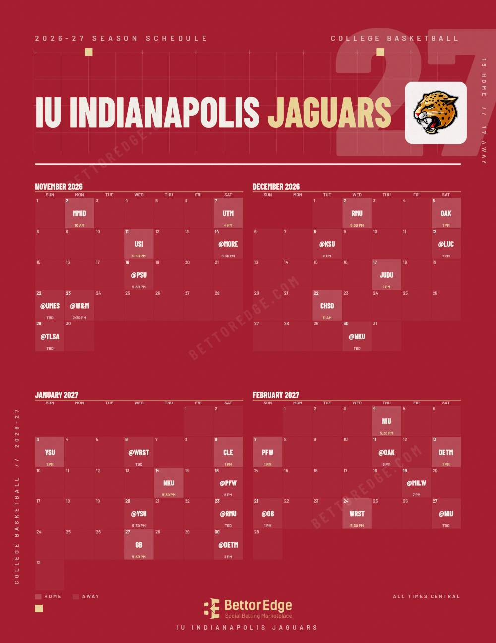 IU Indianapolis Jaguars 2026-27 basketball schedule, free printable, every game with start times and TV