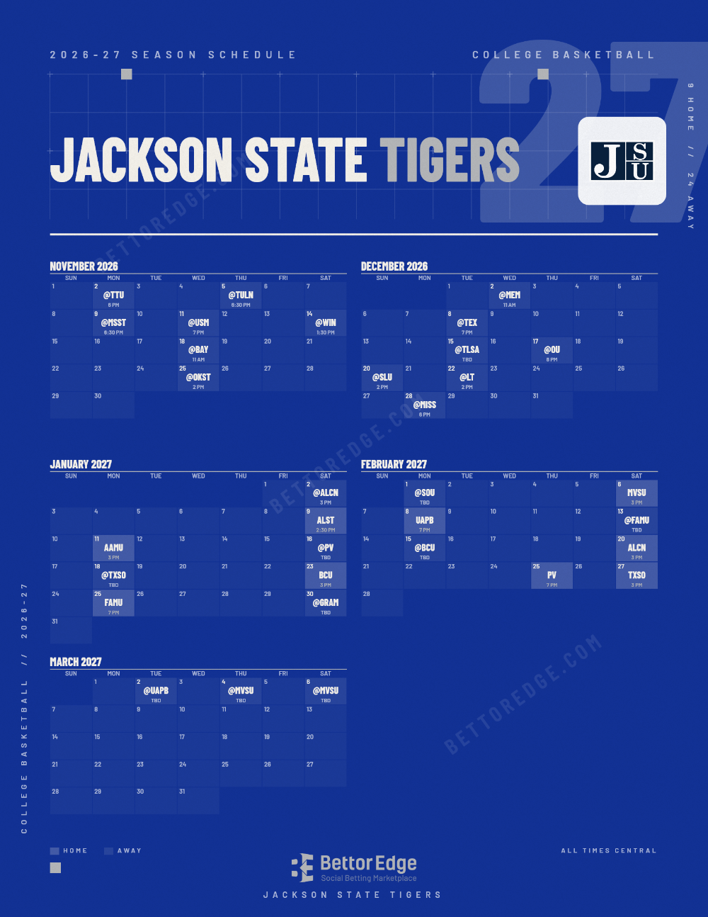 Jackson State Tigers 2026-27 basketball schedule, free printable, every game with start times and TV