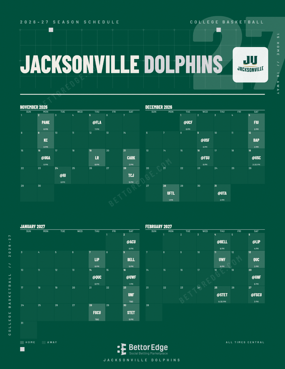 Jacksonville Dolphins 2026-27 basketball schedule, free printable, every game with start times and TV