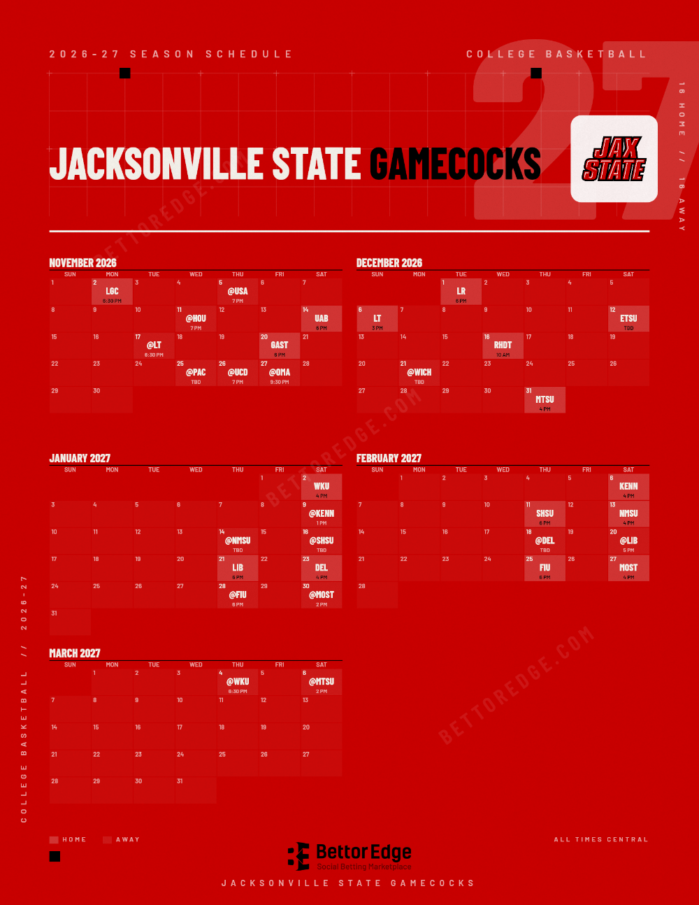 Jacksonville State Gamecocks 2026-27 basketball schedule, free printable, every game with start times and TV