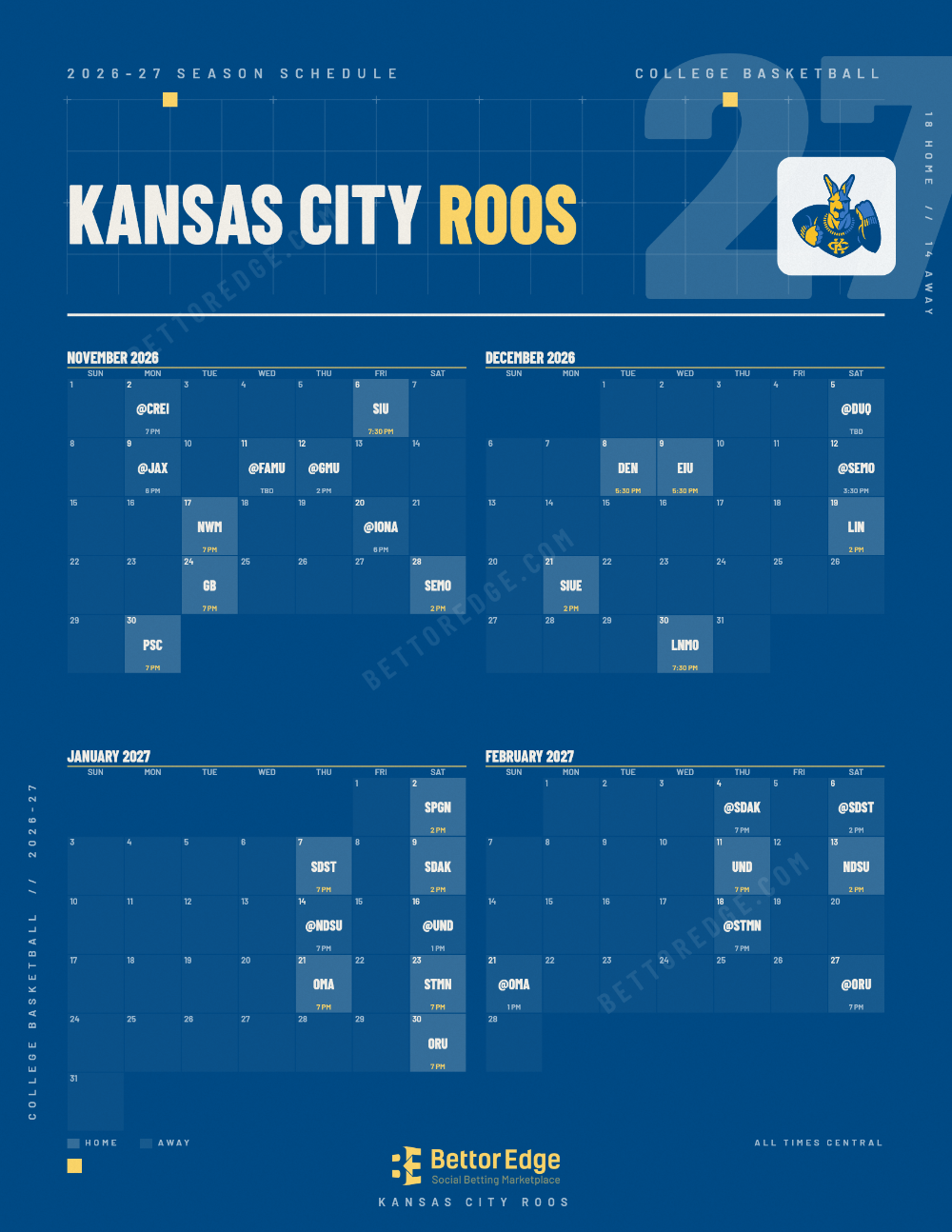 Kansas City Roos 2026-27 basketball schedule, free printable, every game with start times and TV