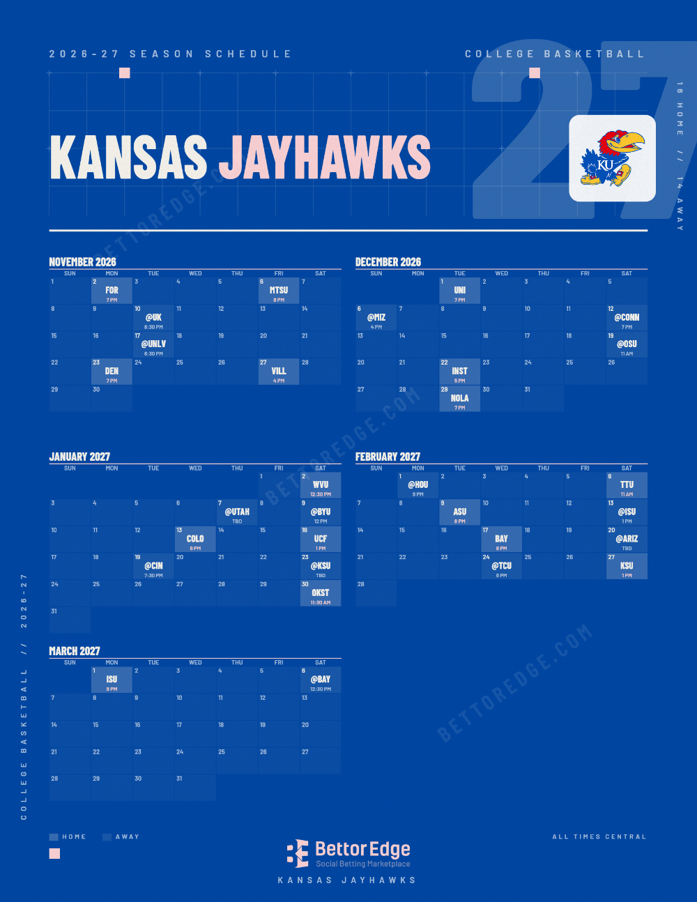 Kansas Jayhawks 2026-27 basketball schedule, free printable, every game with start times and TV