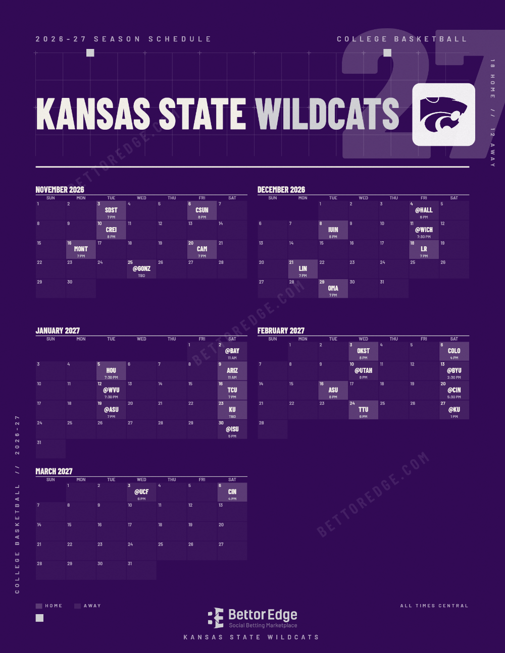 Kansas State Wildcats 2026-27 basketball schedule, free printable, every game with start times and TV