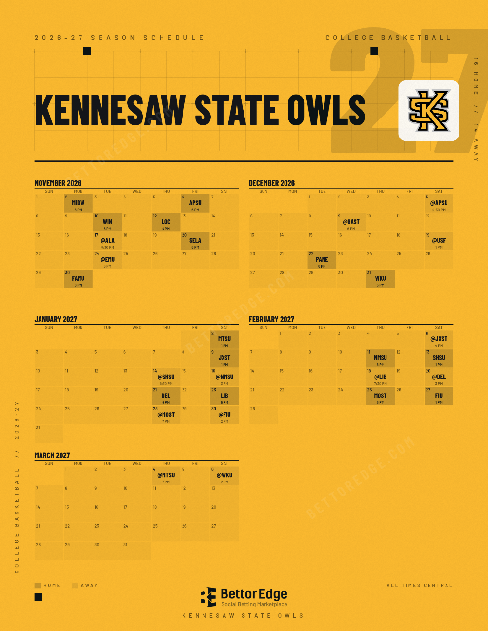 Kennesaw State Owls 2026-27 basketball schedule, free printable, every game with start times and TV