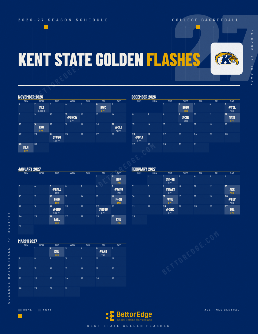 Kent State Golden Flashes 2026-27 basketball schedule, free printable, every game with start times and TV
