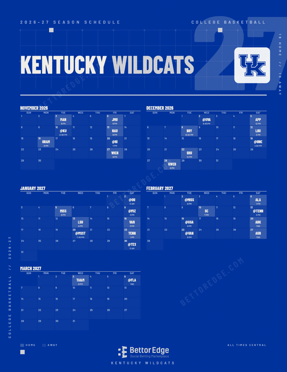 Kentucky Wildcats 2026-27 basketball schedule, free printable, every game with start times and TV