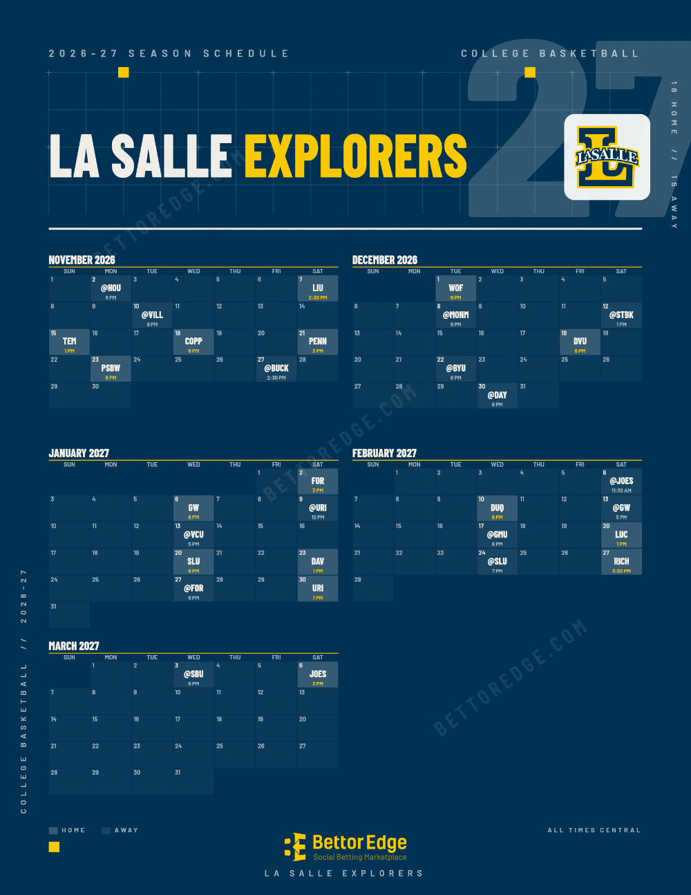 La Salle Explorers 2026-27 basketball schedule, free printable, every game with start times and TV
