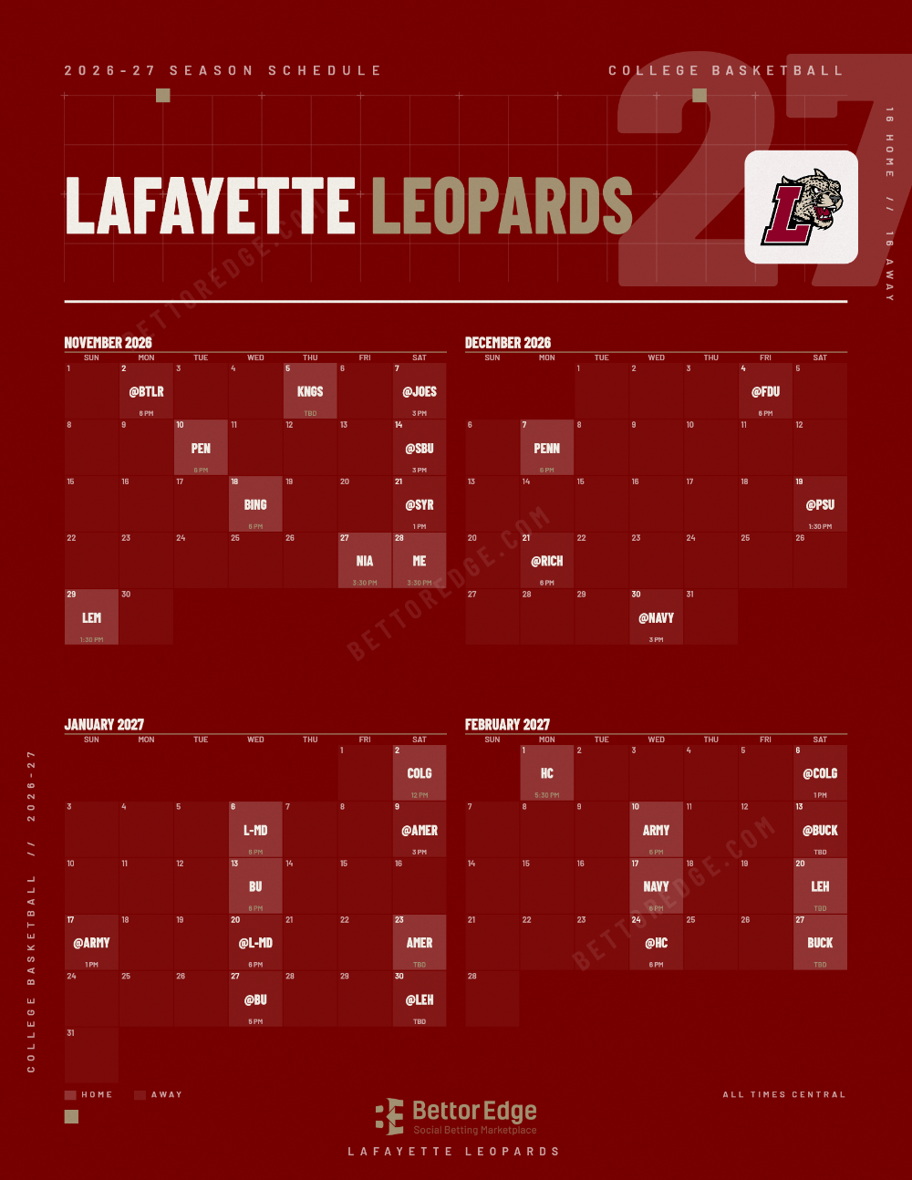 Lafayette Leopards 2026-27 basketball schedule, free printable, every game with start times and TV