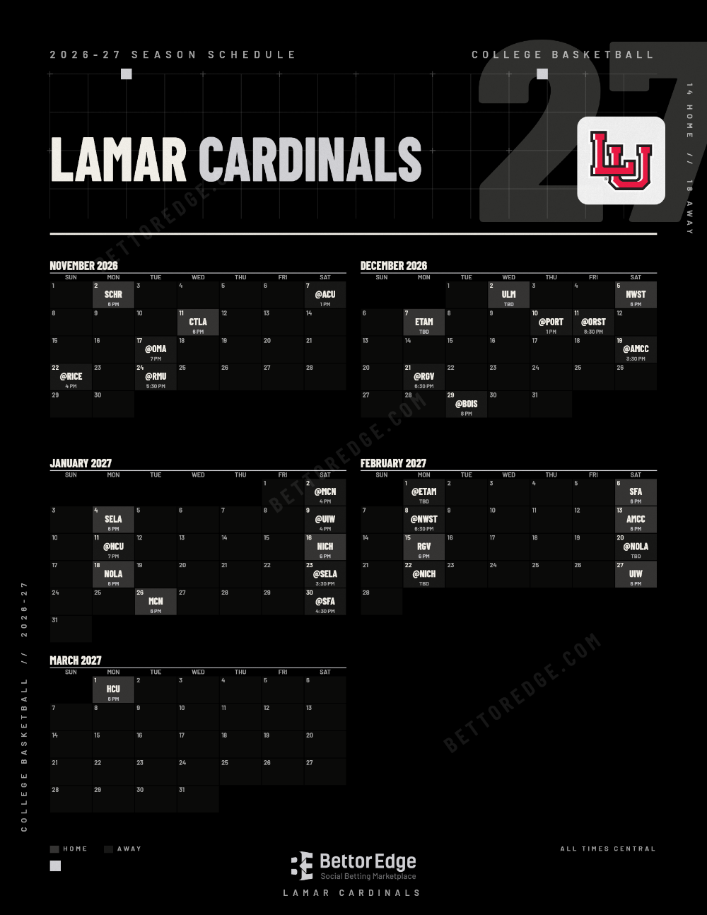 Lamar Cardinals 2026-27 basketball schedule, free printable, every game with start times and TV