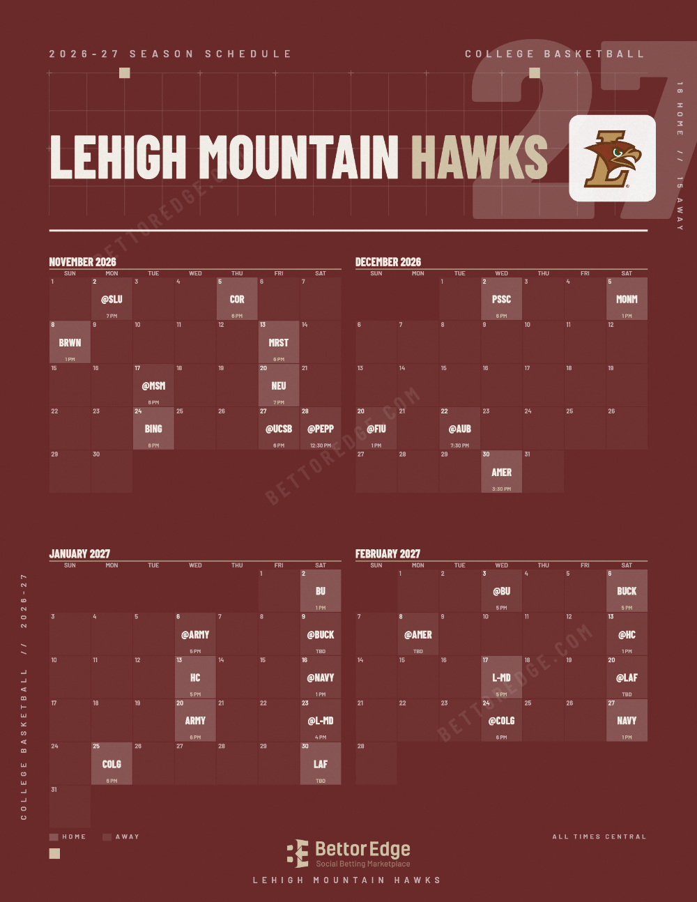 Lehigh Mountain Hawks 2026-27 basketball schedule, free printable, every game with start times and TV