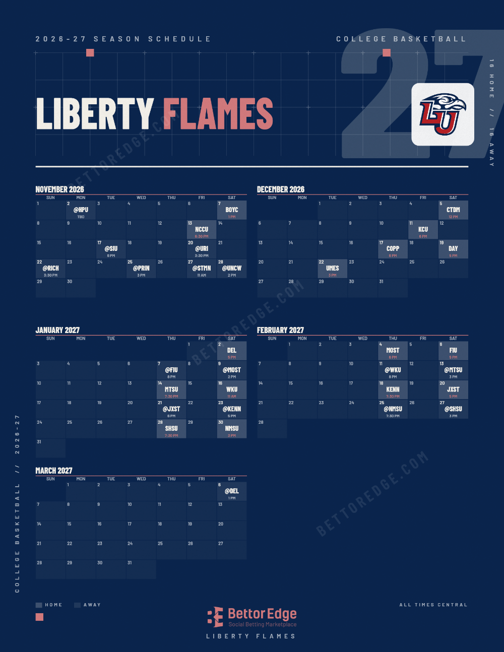Liberty Flames 2026-27 basketball schedule, free printable, every game with start times and TV