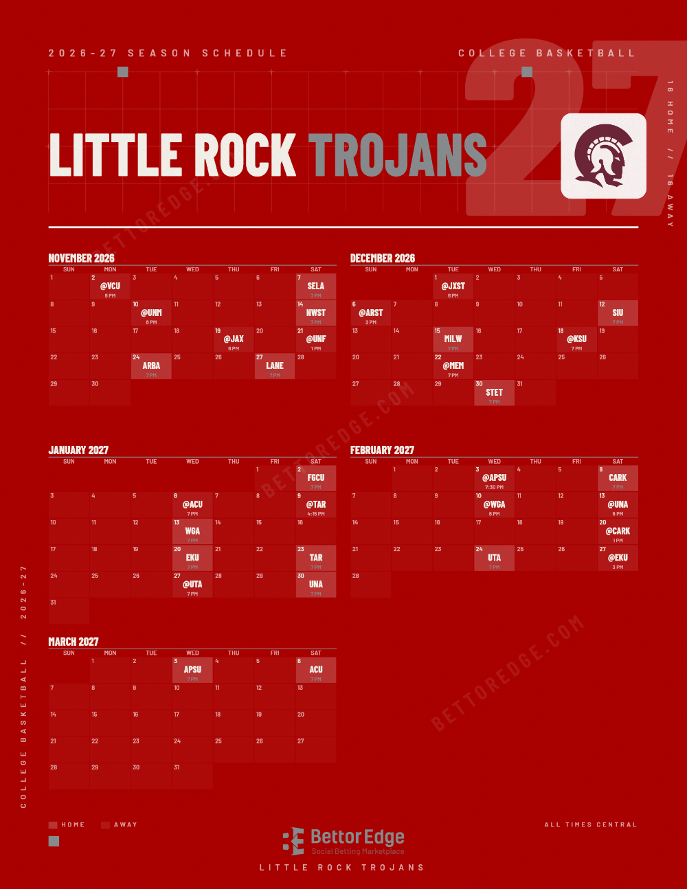 Little Rock Trojans 2026-27 basketball schedule, free printable, every game with start times and TV