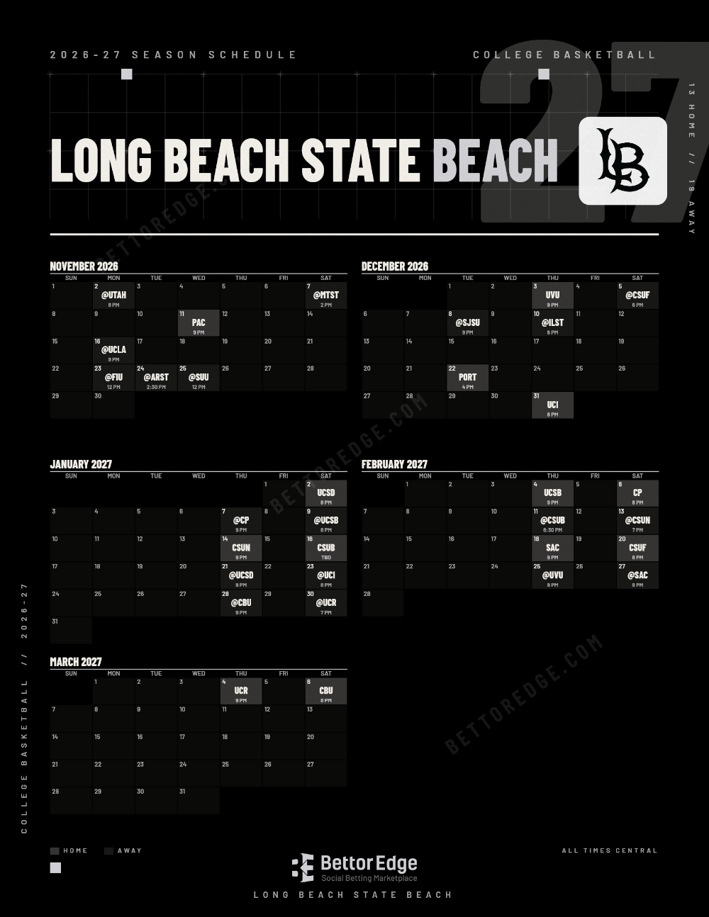 Long Beach State Beach 2026-27 basketball schedule, free printable, every game with start times and TV
