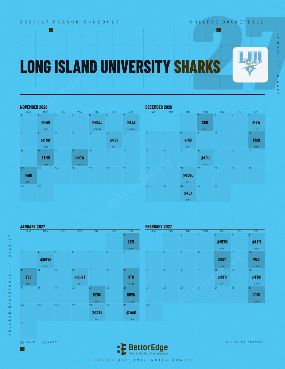Long Island University Sharks 2026-27 basketball schedule, free printable, every game with start times and TV