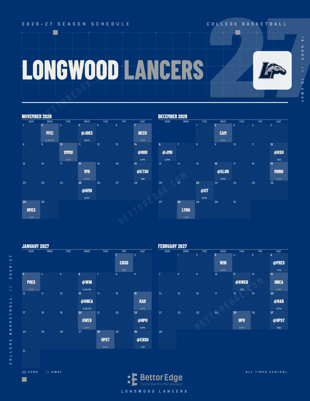 Longwood Lancers 2026-27 basketball schedule, free printable, every game with start times and TV