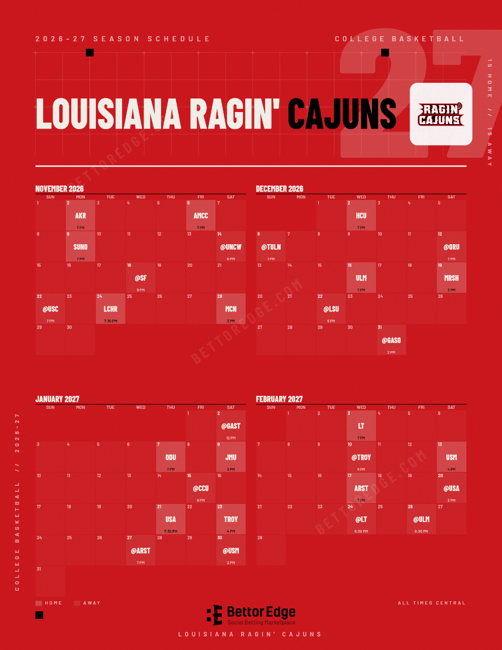 Louisiana Ragin' Cajuns 2026-27 basketball schedule, free printable, every game with start times and TV